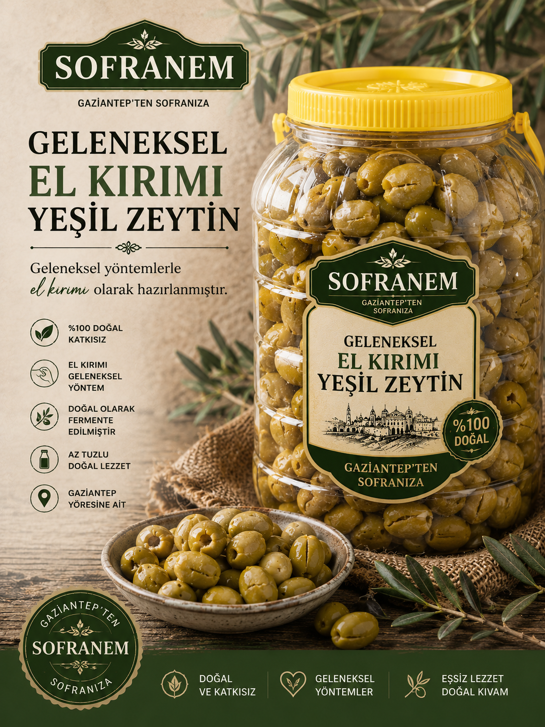 Geleneksel El Kırımı Yeşil Zeytin